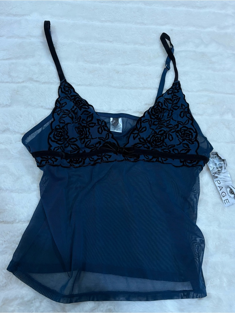 Rampage Navy Mesh Cami with Black Floral Lace Trim